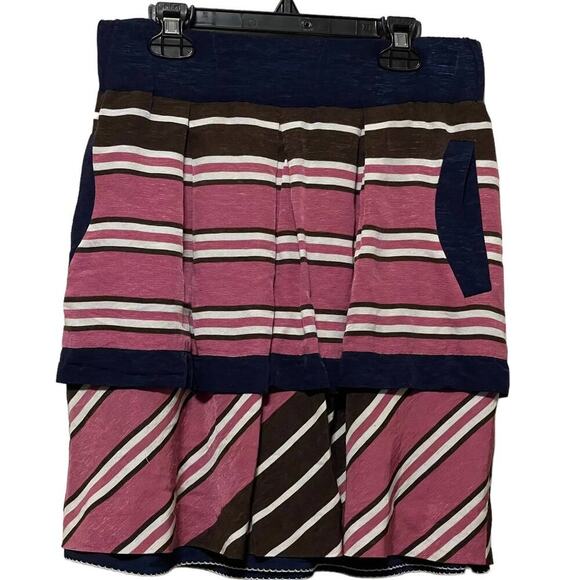 Anthropologie Maeve Ellery Pink Blue Brown Striped Pocket Lined Skirt - Picture 1 of 7